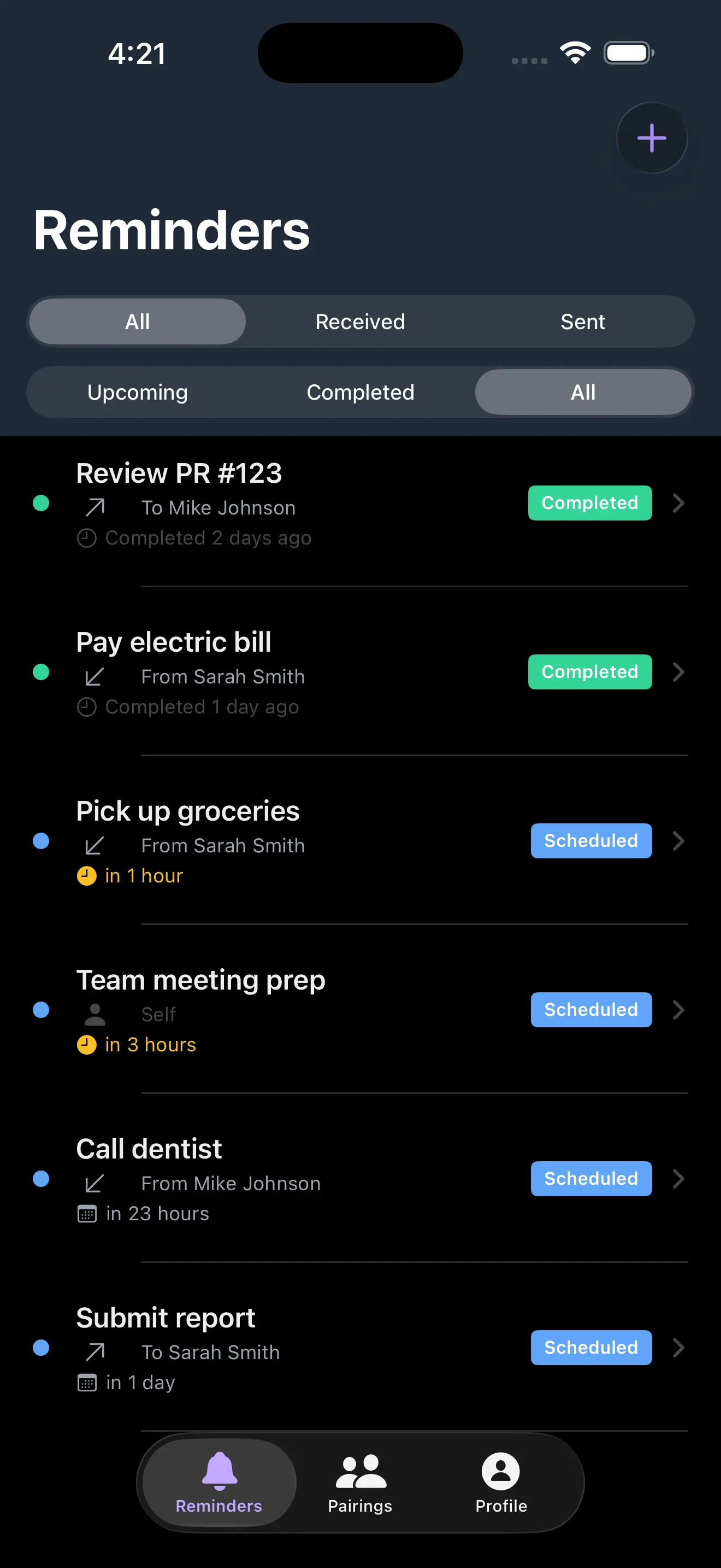 mindrme app screenshot showing upcoming reminders